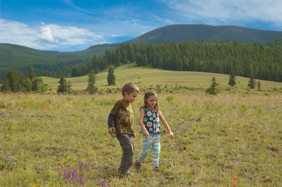 boy and girl walk among blooms of flowers on a Colorado Rocky Mountain Mesa
