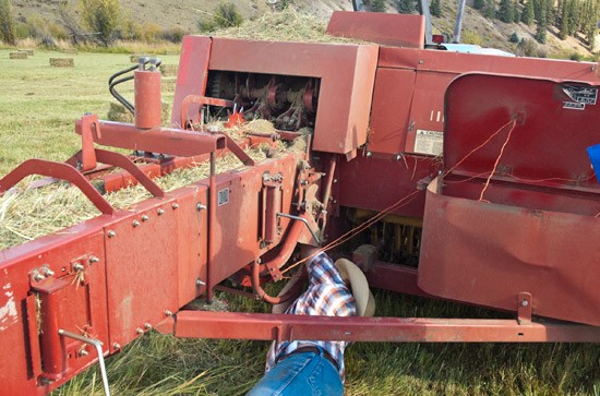 ranch hand works under hay baler to correct feeding of twine