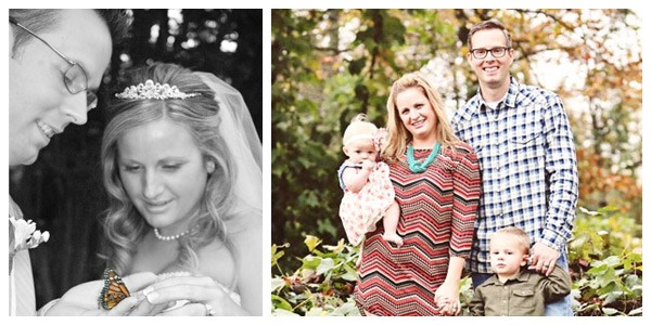 groom and bride hold butterfly and hold two children