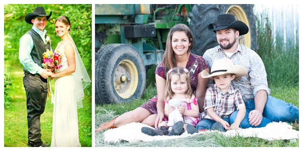 western bride and groom stand in a green wooded pathway and to the right sit with son and daughter in front of a John Deere tractor