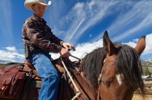 close up of wrangler practicing with bay horse to neck rein.