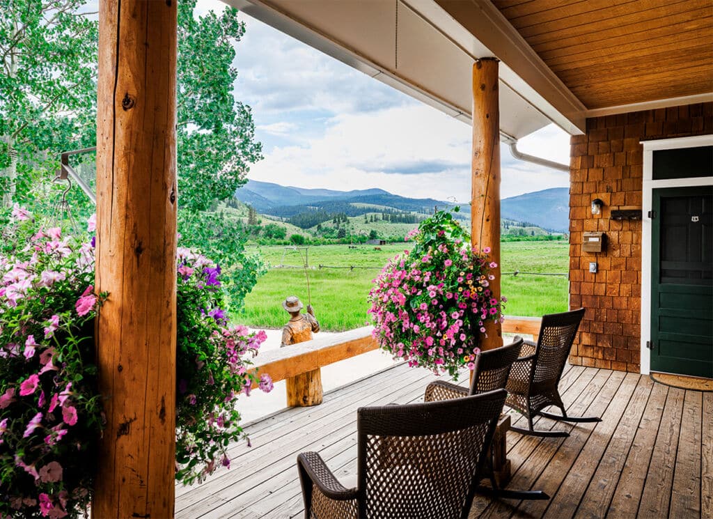 Front Porch of a Colorado Cabin looking out towards the mountains