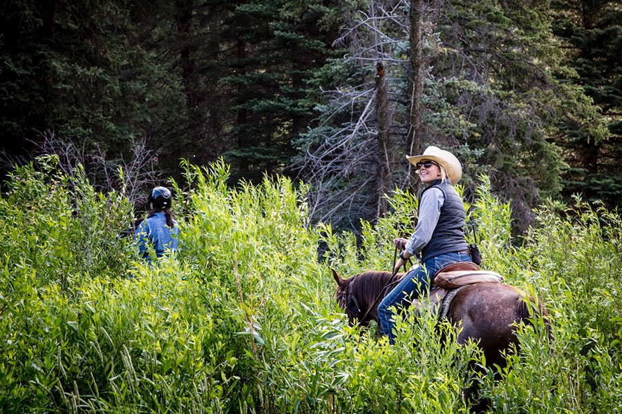 women riding into trees on horseback